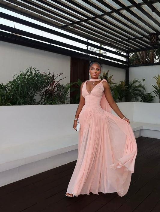 Gorgeous Pink Long Prom Dresses V-neck Sheath Birthday Dresses Chiffon Sleeveless Evening Gowns DP04749