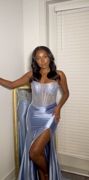 Gorgeous Gray Blue Long Prom Dresses Strapless Sheath Birthday Dresses Satin Sleeveless Evening Gowns DP04750