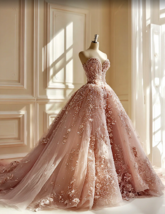 Gorgeous Pink Long Prom Dresses Sweetheart A-Line Evening Dresses Beaded Tulle Sweet 16 Dress DP04751