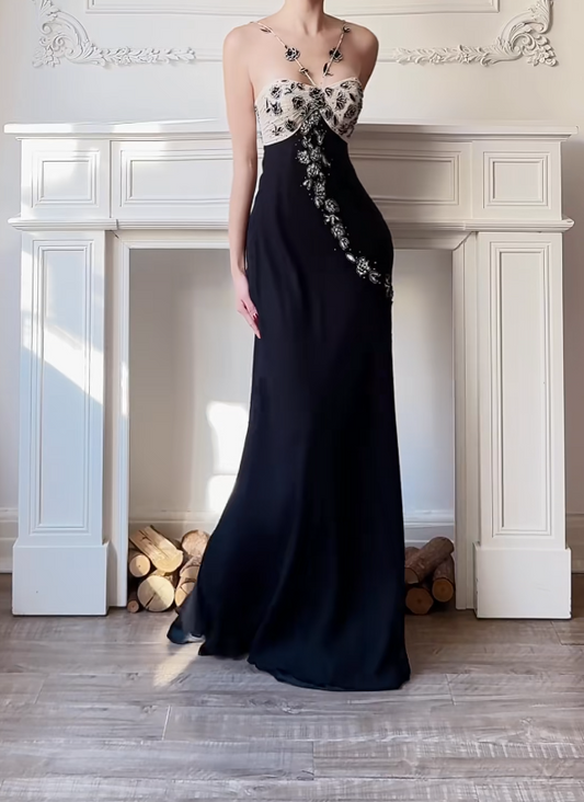 Glam Black Long Prom Dresses Halter Sheath Birthday Dresses Chiffon Sleeveless Evening Gowns DP04752