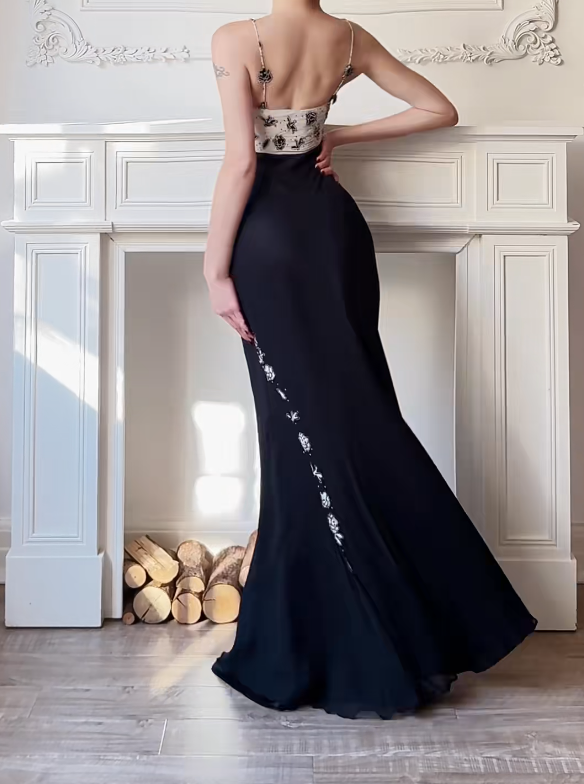 Glam Black Long Prom Dresses Halter Sheath Birthday Dresses Chiffon Sleeveless Evening Gowns DP04752