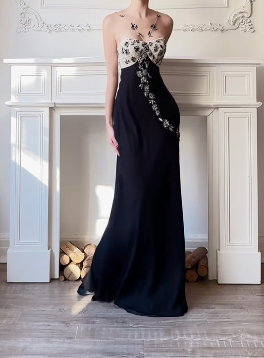 Glam Black Long Prom Dresses Halter Sheath Birthday Dresses Chiffon Sleeveless Evening Gowns DP04752