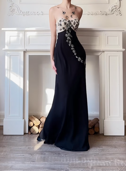 Glam Black Long Prom Dresses Halter Sheath Birthday Dresses Chiffon Sleeveless Evening Gowns DP04752