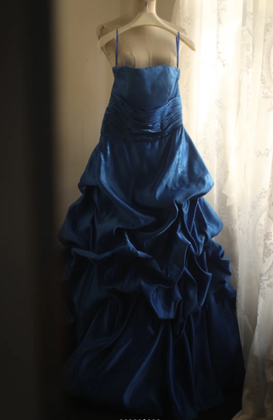 Glam Blue Long Prom Dresses Strapless A-Line Birthday Dresses Satin Sleeveless Evening Gowns DP04754