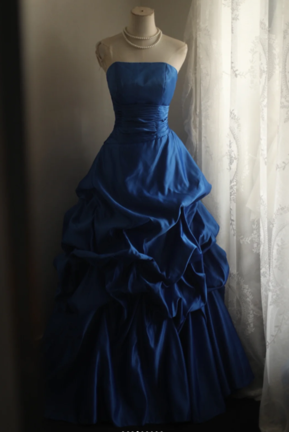 Glam Blue Long Prom Dresses Strapless A-Line Birthday Dresses Satin Sleeveless Evening Gowns DP04754