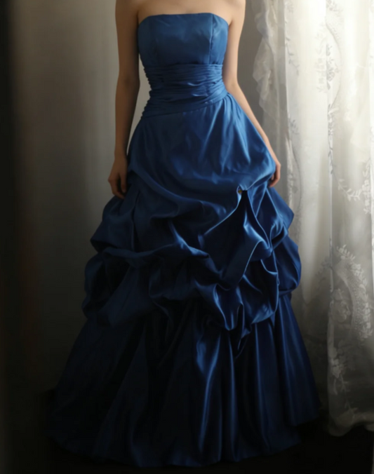 Glam Blue Long Prom Dresses Strapless A-Line Birthday Dresses Satin Sleeveless Evening Gowns DP04754