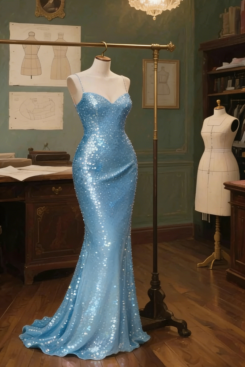 Chic Sequins  Blue Long Prom Dresses Spaghetti Straps Mermaid Evening Dresses DP04761