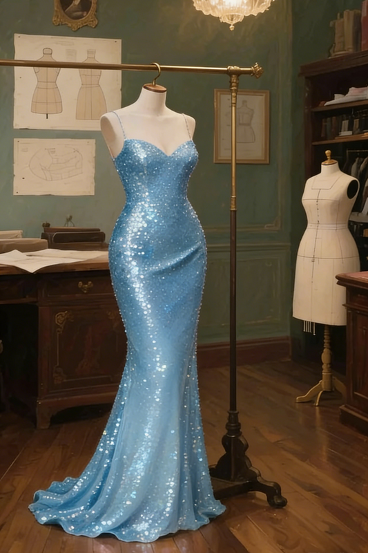 Chic Sequins  Blue Long Prom Dresses Spaghetti Straps Mermaid Evening Dresses DP04761