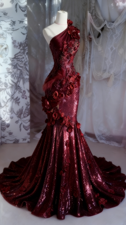 Chic Burgundy Long Prom Dresses Sequins One-shoulder Mermaid Evening Dresses DP04762