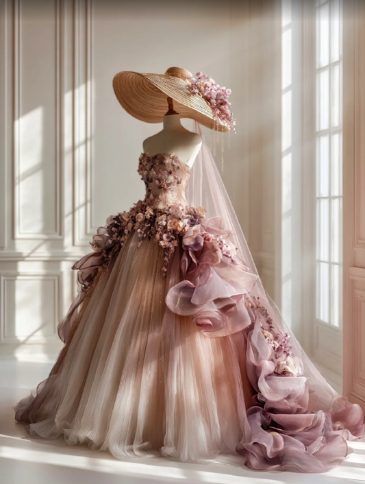 Chic Pink Long Prom Dresses Tulle Flowers Strapless A-Line Evening Dresses DP04765