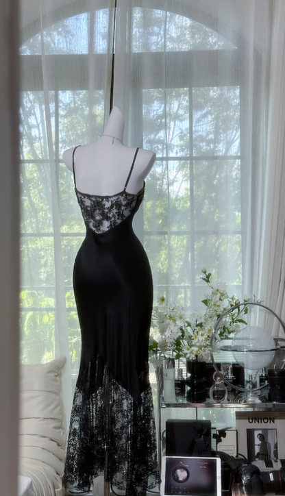 Vintage Sheath Black Long Prom Dresses Chiffon Beaded Spaghetti Straps Evening Dresses DP04766