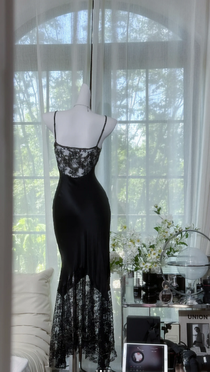Vintage Sheath Black Long Prom Dresses Chiffon Beaded Spaghetti Straps Evening Dresses DP04766