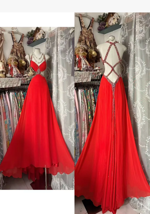 Vintage A-line Red Long Prom Dresses Chiffon V-neck Sleeveless Evening Dresses DP04768