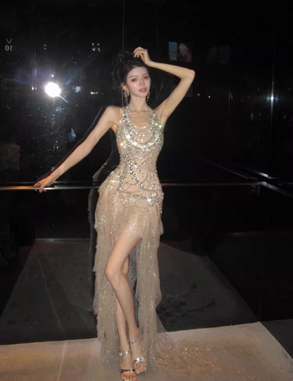 Sexy Sheath Champagne Long Prom Dresses Glitter Tulle Beaded Sleeveless Evening Dresses DP04769