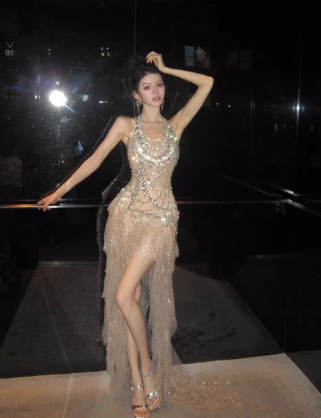 Sexy Sheath Champagne Long Prom Dresses Glitter Tulle Beaded Sleeveless Evening Dresses DP04769