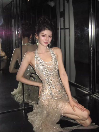 Sexy Sheath Champagne Long Prom Dresses Glitter Tulle Beaded Sleeveless Evening Dresses DP04769