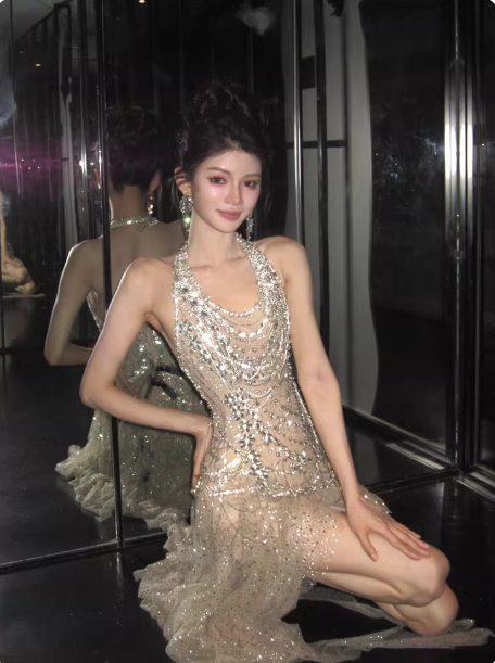 Sexy Sheath Champagne Long Prom Dresses Glitter Tulle Beaded Sleeveless Evening Dresses DP04769