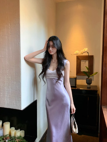 Chic Sheath Lilac Long Prom Dresses Satin Straps Sleeveless Evening Dresses DP04770