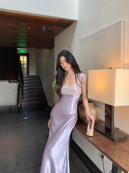 Chic Sheath Lilac Long Prom Dresses Satin Straps Sleeveless Evening Dresses DP04770