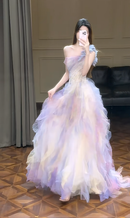 Chic A-Line Long Prom Dresses Tulle One-shoulder  Sleeveless Evening Dresses DP04771