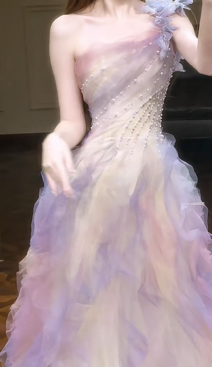 Chic A-Line Long Prom Dresses Tulle One-shoulder  Sleeveless Evening Dresses DP04771