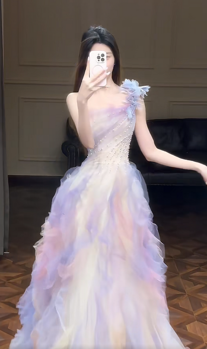 Chic A-Line Long Prom Dresses Tulle One-shoulder  Sleeveless Evening Dresses DP04771