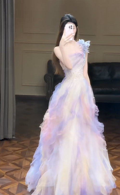 Chic A-Line Long Prom Dresses Tulle One-shoulder  Sleeveless Evening Dresses DP04771