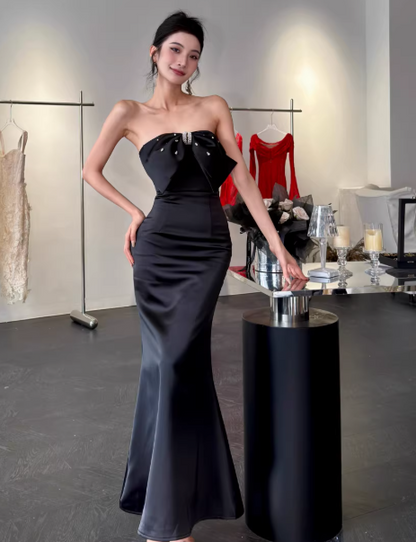 Chic Mermaid Black Long Prom Dresses Satin Strapless Sleeveless Evening Dresses DP04772
