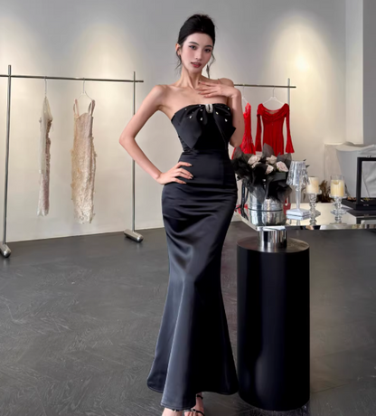 Chic Mermaid Black Long Prom Dresses Satin Strapless Sleeveless Evening Dresses DP04772