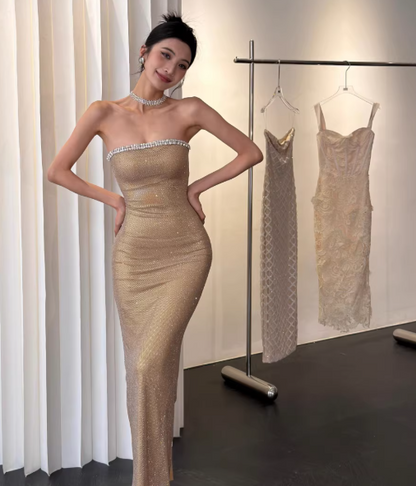 Chic Sheath Champagne Long Prom Dresses Rhinstones Tulle Sleeveless Evening Dresses DP04774