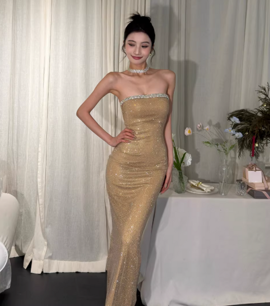 Chic Sheath Apricot Long Prom Dresses Beaded Satin Sleeveless Evening Dresses DP04775