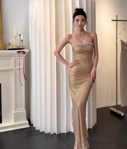 Chic Sheath Apricot Long Prom Dresses Beaded Satin Sleeveless Evening Dresses DP04775