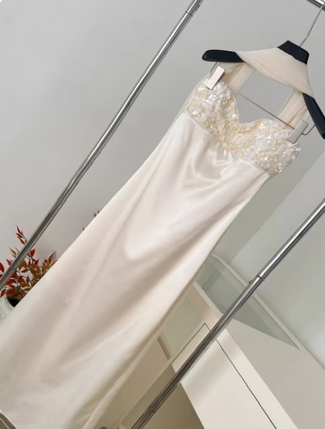 Chic Sheath Apricot Long Prom Dresses Beaded Satin Sleeveless Evening Dresses DP04775