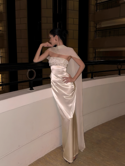 Chic Sheath Apricot Long Prom Dresses Beaded Satin Sleeveless Evening Dresses DP04775