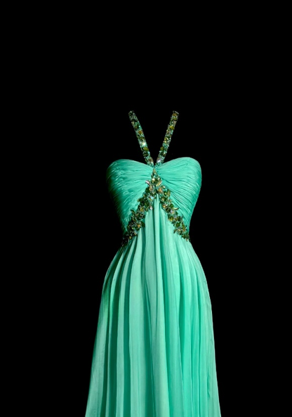 Elegant Sheath Green Long Prom Dresses Beaded Chiffon Halter Evening Gowns DP04782