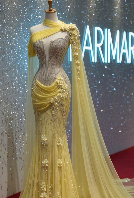 Elegant Mermaid Yellow Long Prom Dresses Beaded Tulle Asymmetrical Collar Sleeveless Evening Gowns DP04783