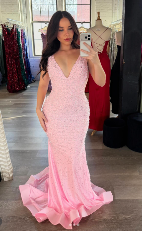 Elegant Mermaid Pink Long Prom Dresses Beaded Satin V-neck Sleeveless Evening Gowns DP04784