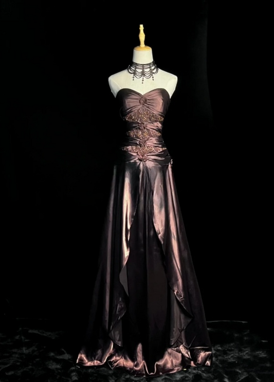 Fashion Sheath Brown Long Prom Dresses Beaded Satin Strapless Sleeveless Evening Gowns DP04787