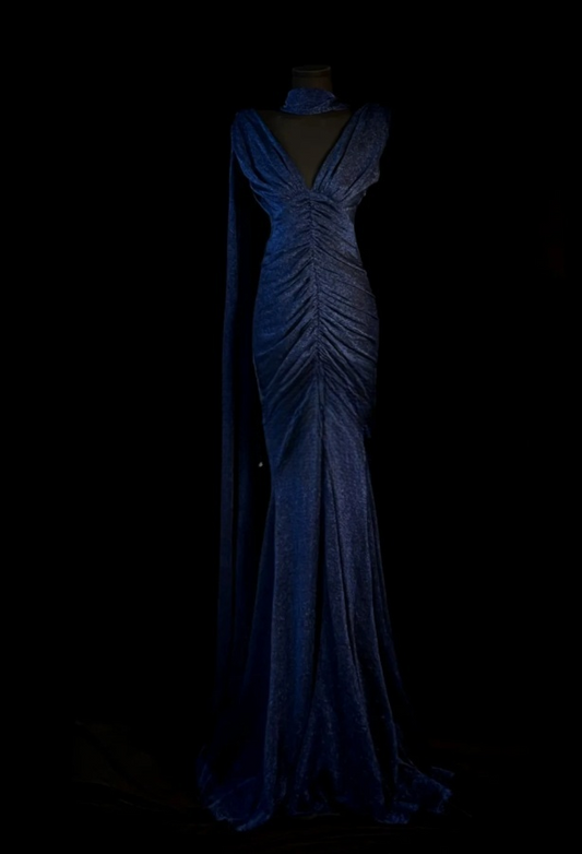 Vintage Sheath Blue Long Prom Dresses Glitter Satin V-neck Sleeveless Evening Gowns DP04787