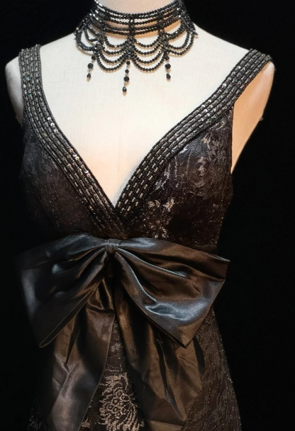 Vintage Mermaid Black Long Prom Dresses Tulle Aplliques V-neck Sleeveless Evening Gowns DP04788