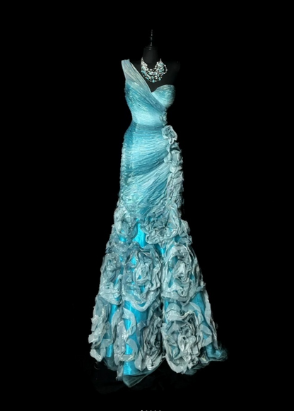 Vintage Mermaid Blue Long Prom Dresses Tulle One-shoulder Sleeveless Evening Gowns DP04789