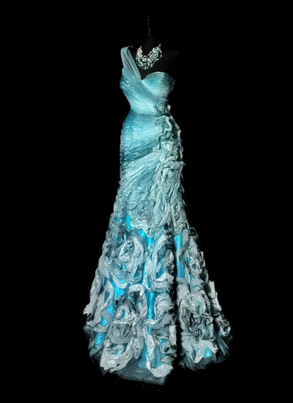 Vintage Mermaid Blue Long Prom Dresses Tulle One-shoulder Sleeveless Evening Gowns DP04789