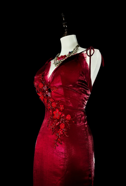 Chic Mermaid Burgundy Long Prom Dresses Beaded Satin Spaghetti traps Sleeveless Evening Gowns DP04790