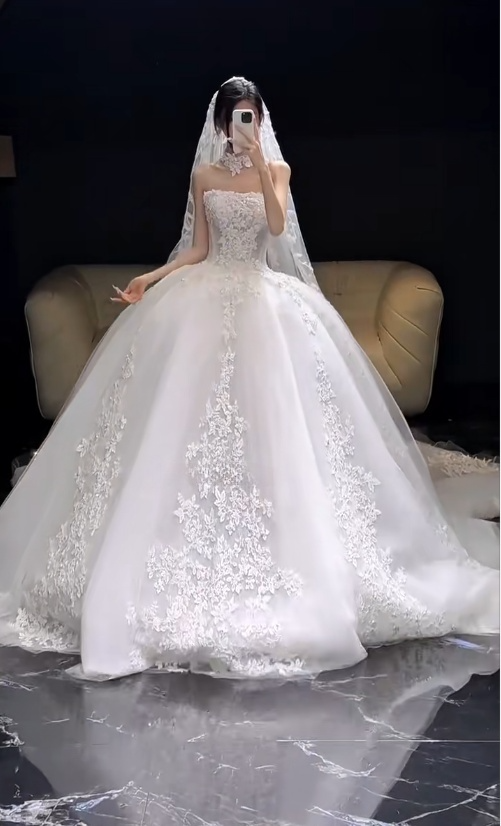 Chic A-Line Long Wedding Dresses Tulle Appliques White Bridal Gowns Strapless Bridal Dresses DP04791