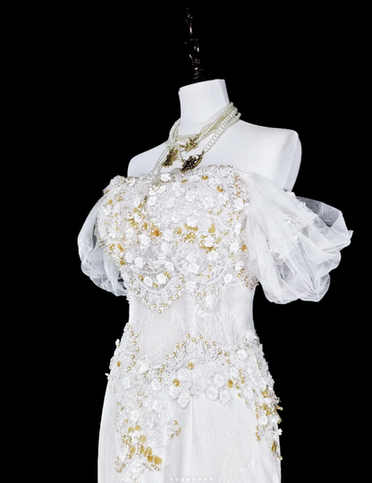 Chic Mermaid Long Wedding Dresses Tulle Appliques White Bridal Gowns Off-shoulder Bridal Dresses DP04792