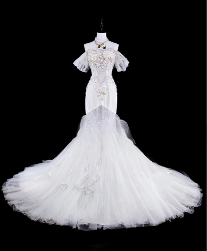 Chic Mermaid Long Wedding Dresses Tulle Appliques White Bridal Gowns Off-shoulder Bridal Dresses DP04792