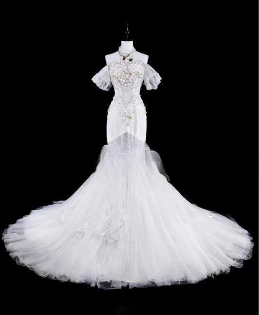 Chic Mermaid Long Wedding Dresses Tulle Appliques White Bridal Gowns Off-shoulder Bridal Dresses DP04792