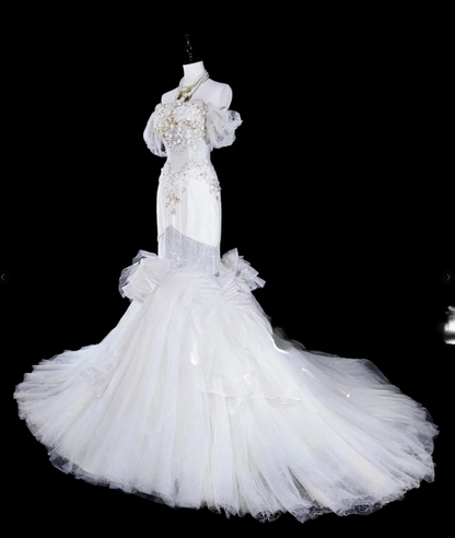 Chic Mermaid Long Wedding Dresses Tulle Appliques White Bridal Gowns Off-shoulder Bridal Dresses DP04792