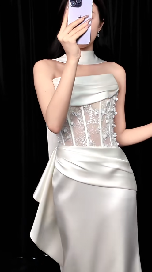 Chic Sheath Long Wedding Dresses Satin White Bridal Gowns Off-shoulder Bridal Dresses DP04794