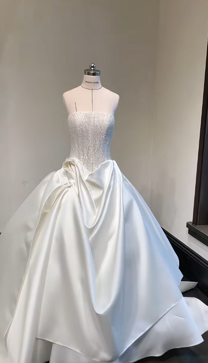 Modest Ball Gown Long Wedding Dress Satin Strapless White Bridal Gown Sleeveless Bridal Dress DP04799